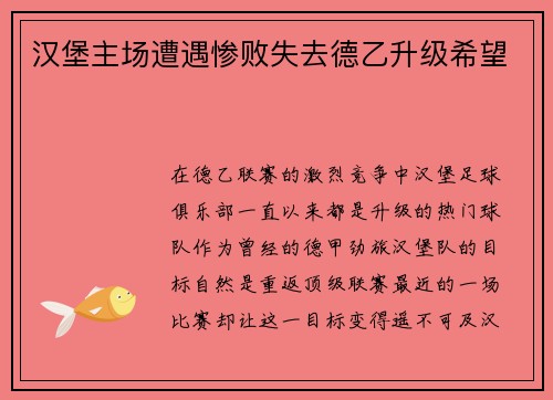 汉堡主场遭遇惨败失去德乙升级希望
